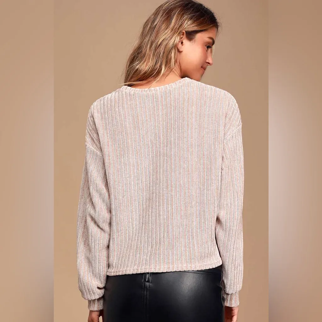 Lulu’s Weekend Ready Taupe Chenille Striped Sweater Top Size Small - Image 3