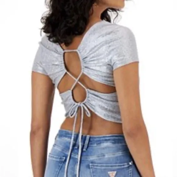 Guess Laced Back Sidra Shine Top NWT Blue Open Back Glitter Crop top Large - Image 2