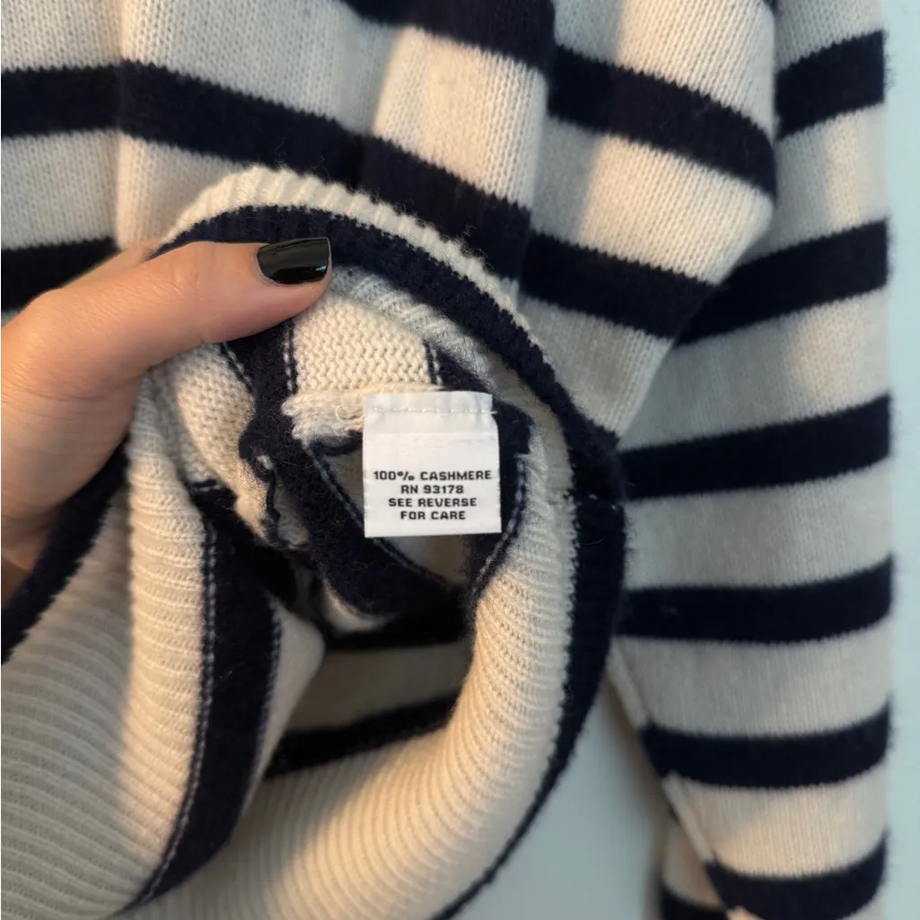 The Cashmere Project 100% Cashmere Quarter Zip Sweater Stripes Cream Navy Medium Blue - Image 3