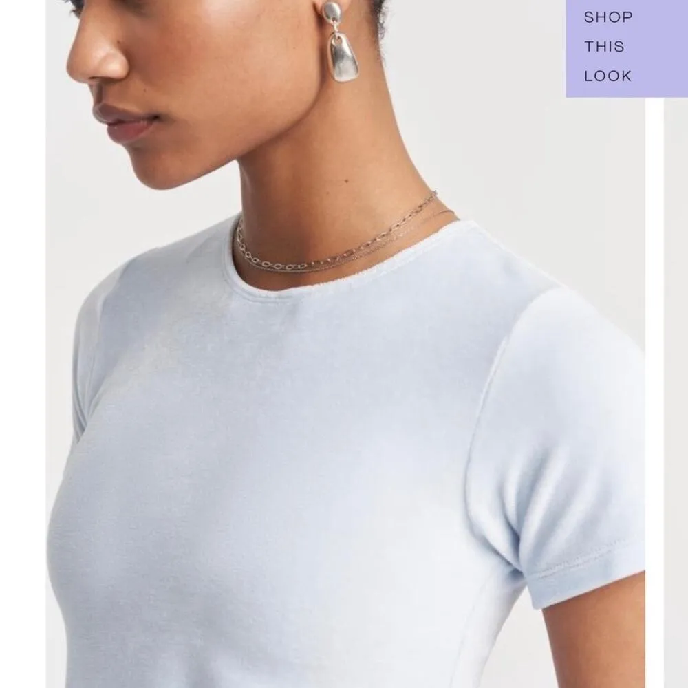 Cale Nina Light Blue Velour Velvet Crew Neck Short Sleeve Crop Tee T - Image 6