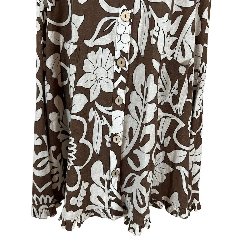 UNCLE FRANK brown & ivory floral ruffled linen blend swing dress - Image 3