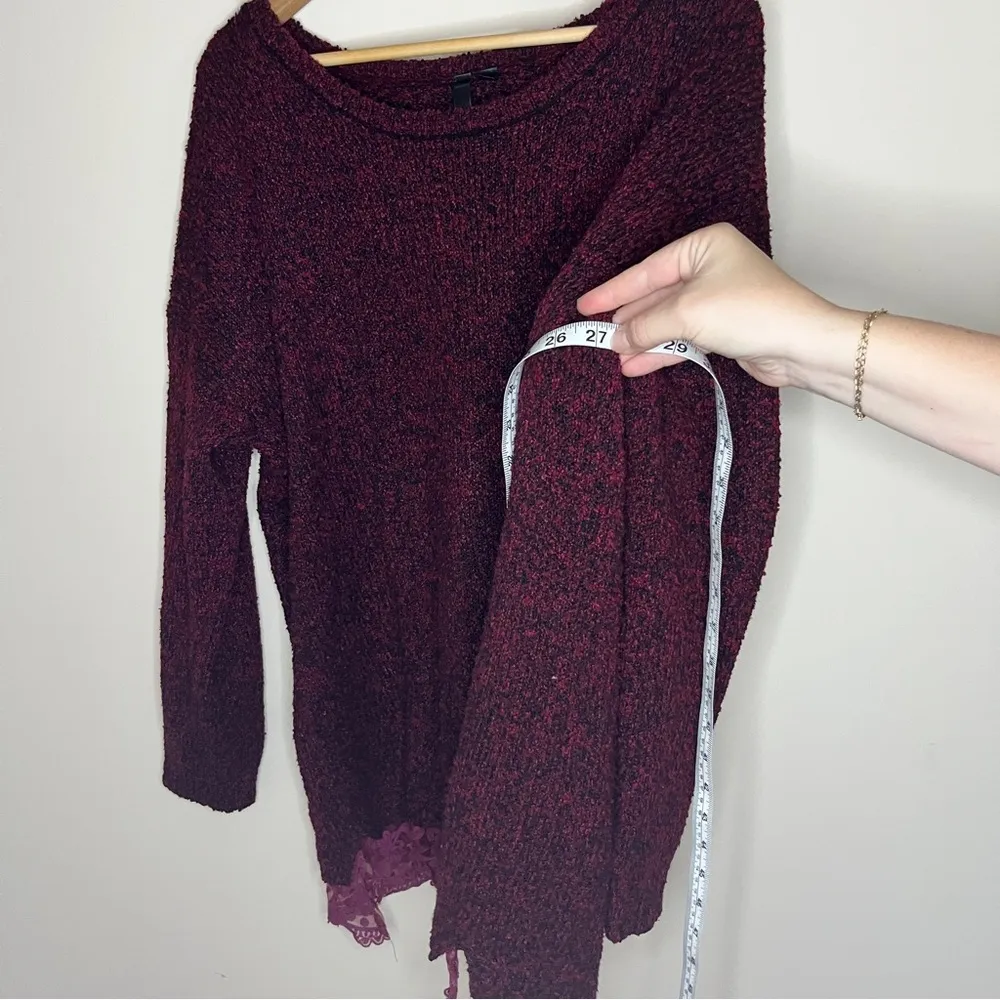 Women's Burgundy Sweater with Lace Trim black marled knit detail crewneck XL Red - Image 2