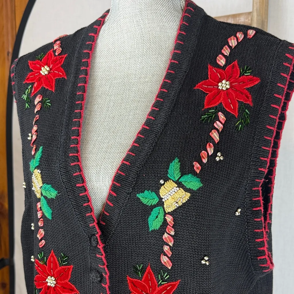 VTG Victoria Jones Christmas Sweater Vest L Black Poinsettia Candy Cane Beaded Size L - Image 3