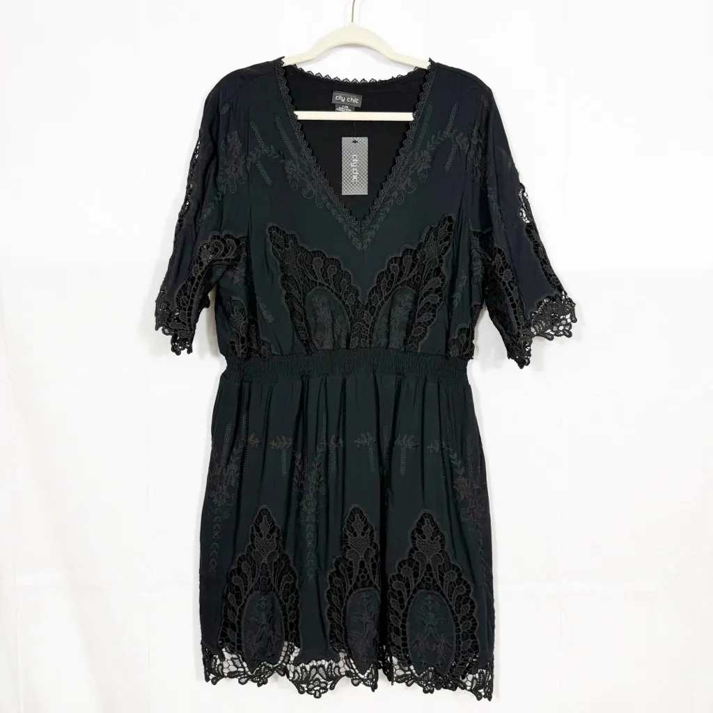 City Chic Lust Crochet Embroidered Dress Black Boho Bohemian - Image 2