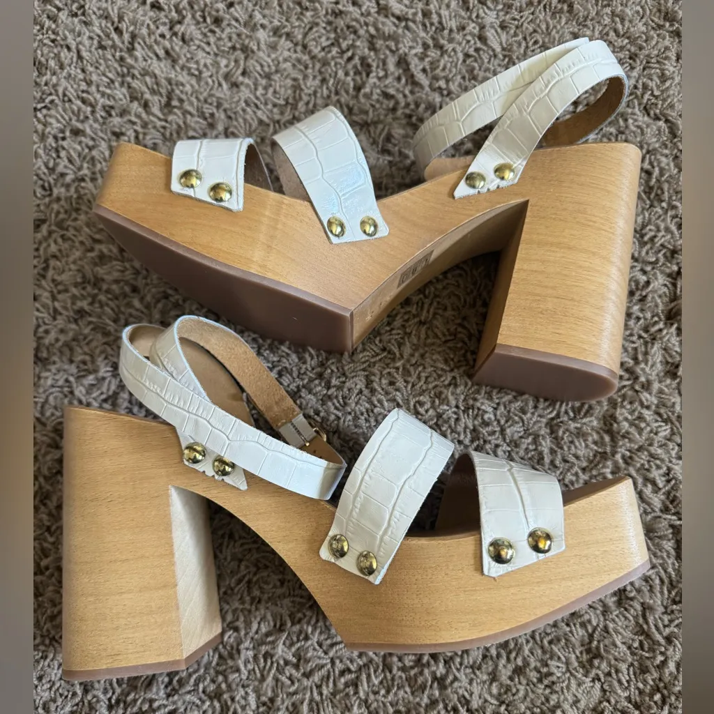 NEW FP Mallory Clog Embossed White Leather Platform Sandals Wood Block Heel EU40 - Image 4