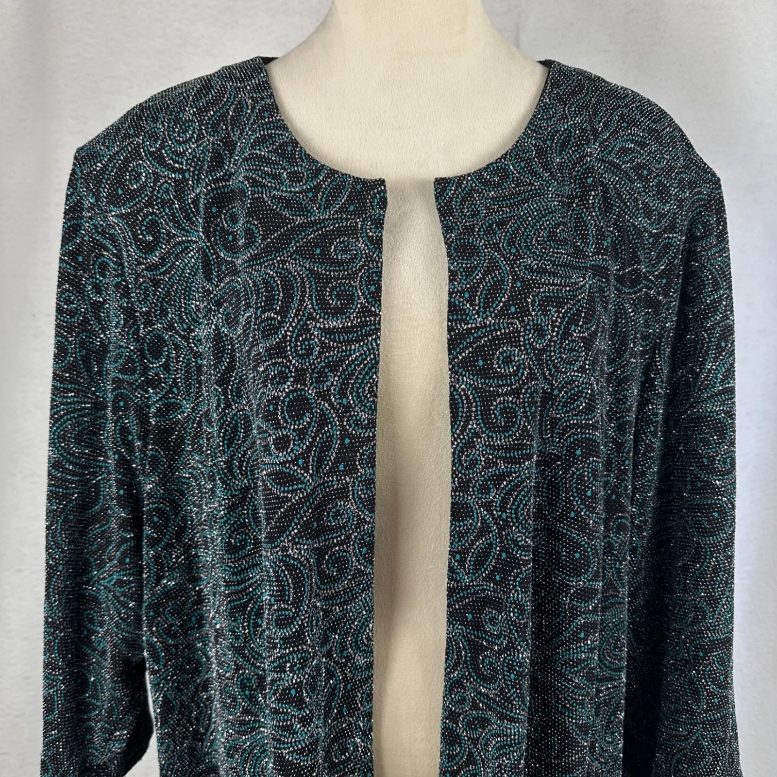 Alex Evenings Women's‎ XL Open Front Cardigan Blazer Sparkle Black Teal Paisley - Image 2