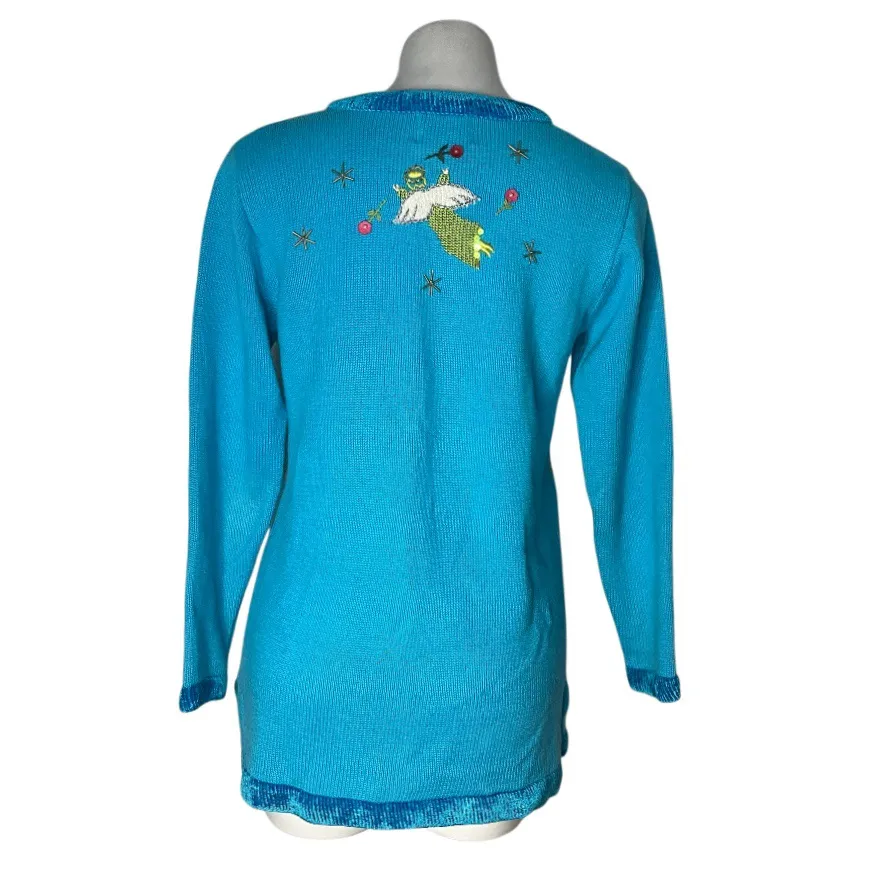 QUACKER FACTORY Blue Sweater Christmas Nativity Scene Angels Size XS 90s VINTAGE - Image 2