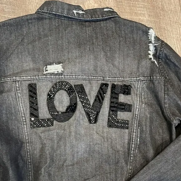 Rachel Roy LOVE beaded distressed denim jacket black Size M - Image 2