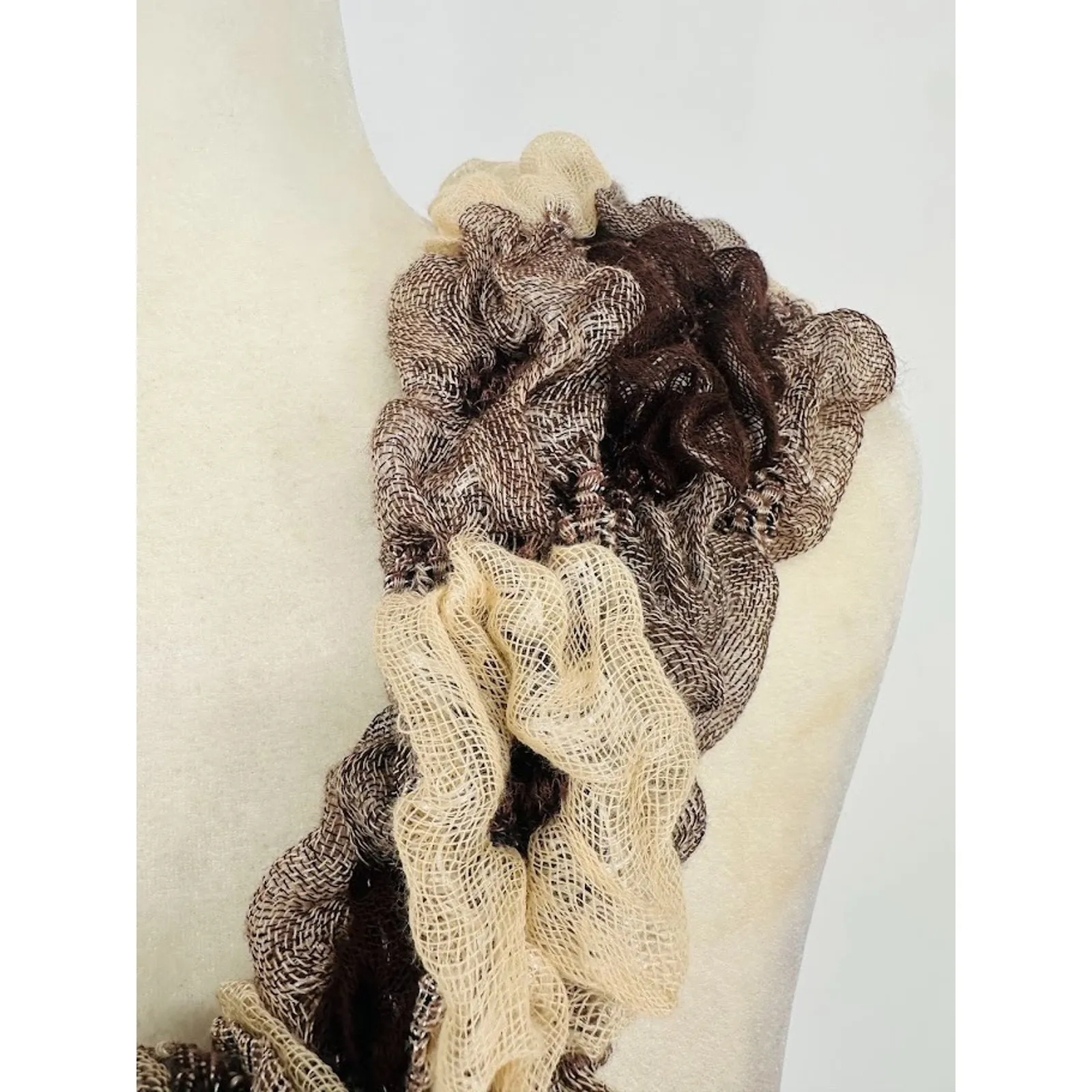 KB Knit Bonbons Womens Ruffle Long Scarf Knit Cowl Fringe 60" Neutral Minimalist Brown - Image 3