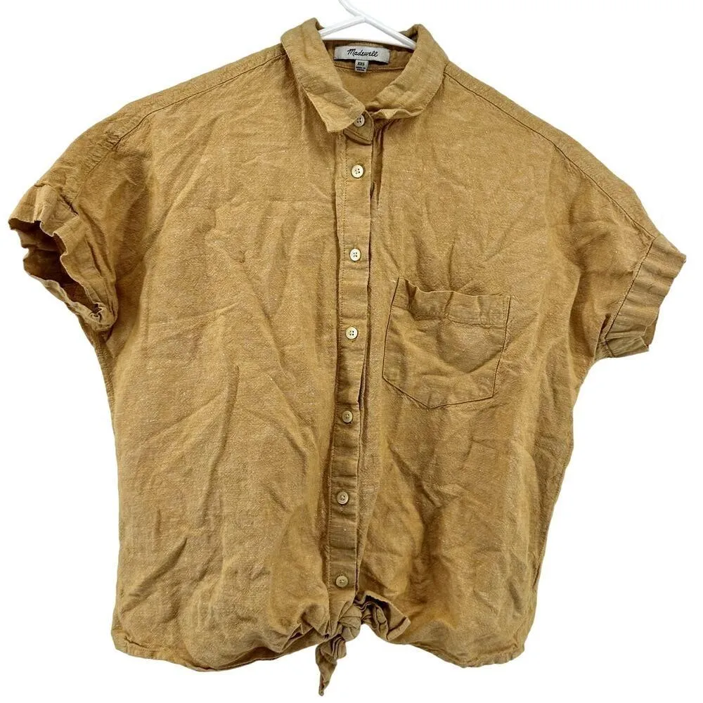 Madewell Short Sleeve Tie Front Linen Button Down Top Pocket Cropped Yellow XXS - Image 2