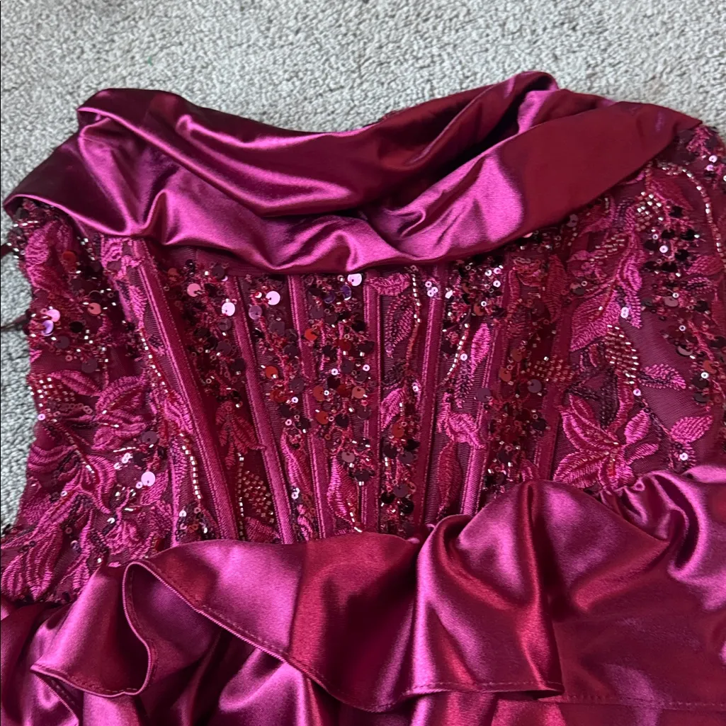 Stacees Burgundy Mini Corset Sequin Beaded Cowl Dress SIZE 4 - Image 3