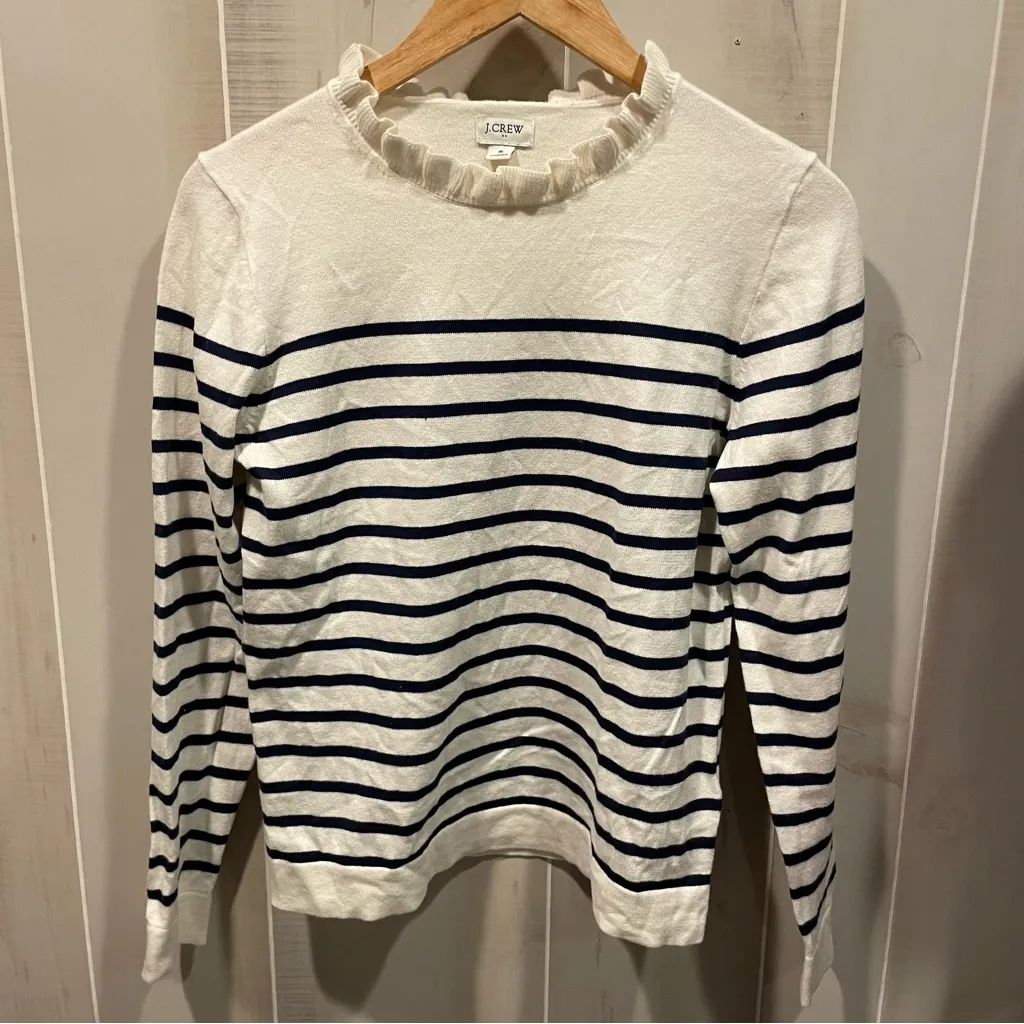 Cute J. Crew cream navy stripe ruffle collar cotton sweater preppy coastal beach - Image 6