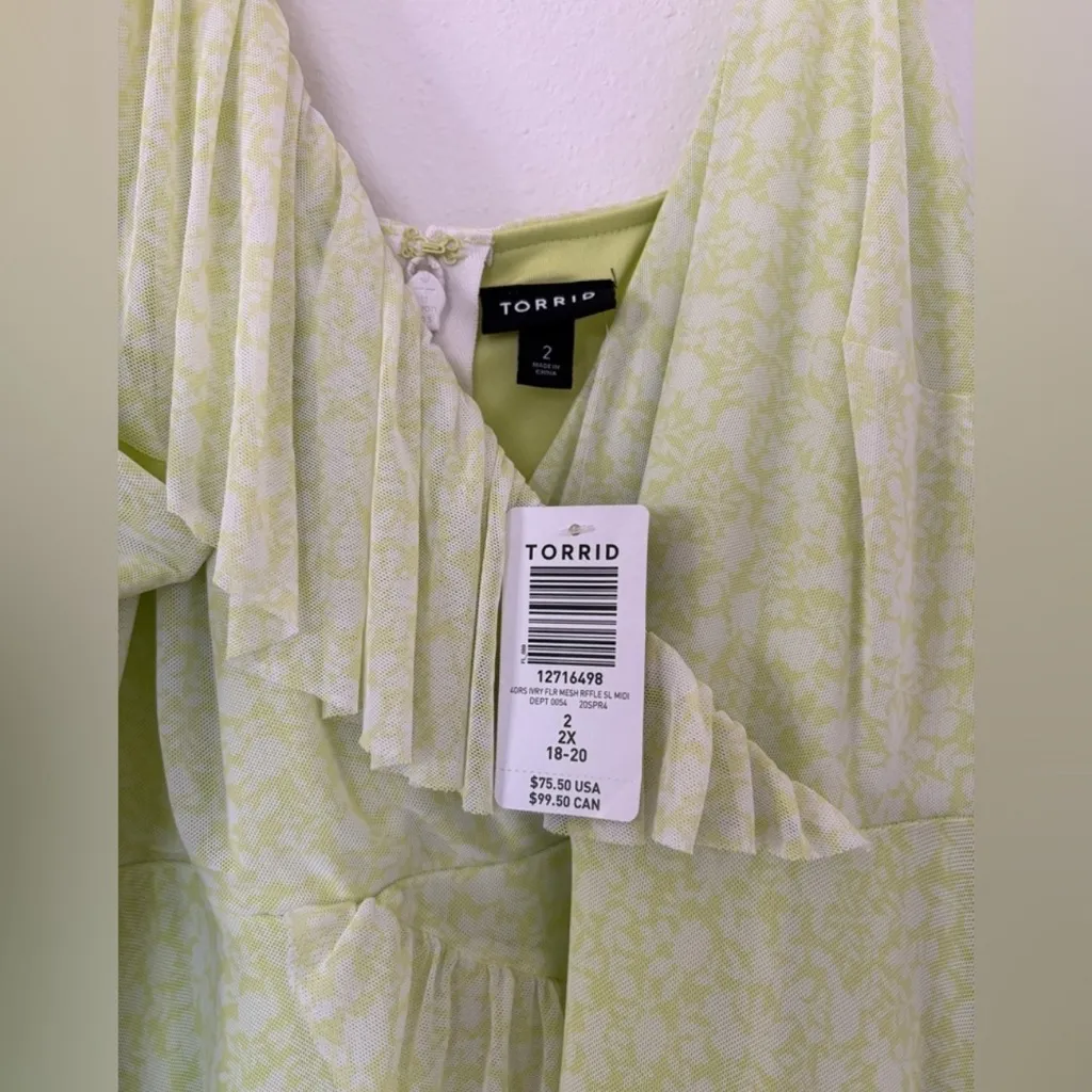 NWT Torrid Neon Yellow Mesh Floral Ruffle Midi Dress One Shoulder Floral White - Image 5