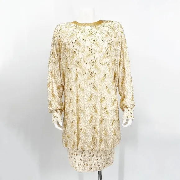 Lillie Rubin Gold Beaded Bubble Blouson Dress Vintage Size L - Image 9