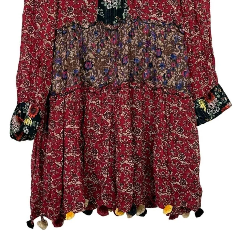 Zara Floral Patchwork Tiered Pompom Semi Sheer Peasant Mini Dress M Black Red - Image 4