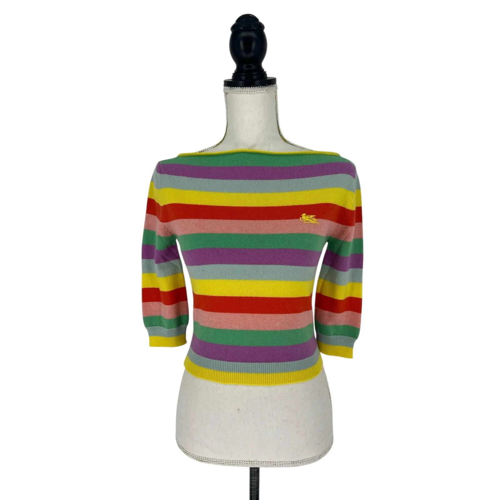 Etro Cashmere Stripe Multi Colored Cropped Boat Neck Stripe Sweater Yellow - Image 3