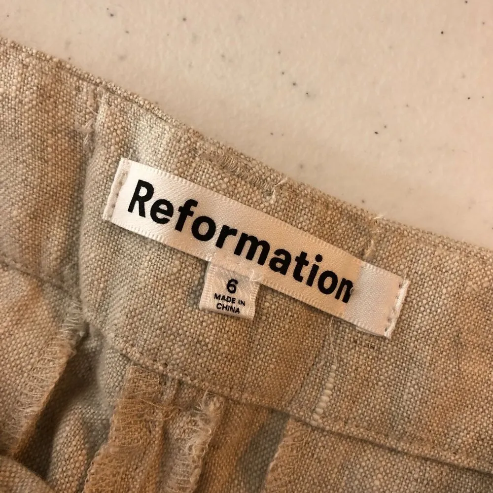 Reformation Womens Linen Pants Pleated Straight Leg Crop Beige 6 - Image 4