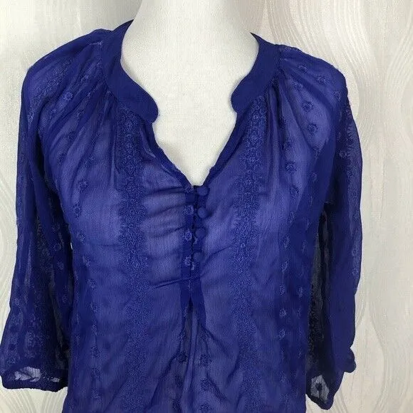 Olive and Oak Floral Embroidered Tunic Blue Blouse BOHO Sheer Split Neck Size S - Image 4