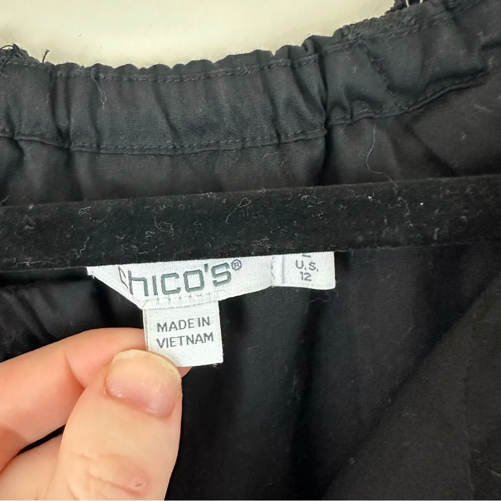 Chico's Poplin Fringe Puff Sleeve Dress Midi Length Black Tiered Skirt Size 12 - Image 4