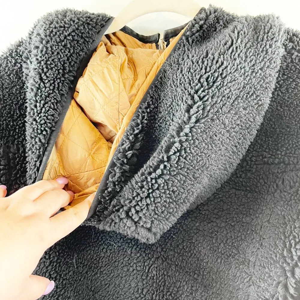 Kate Spade Reversible Hooded Sherpa Quilted Coat Jacket Black Tan Medium - Image 9