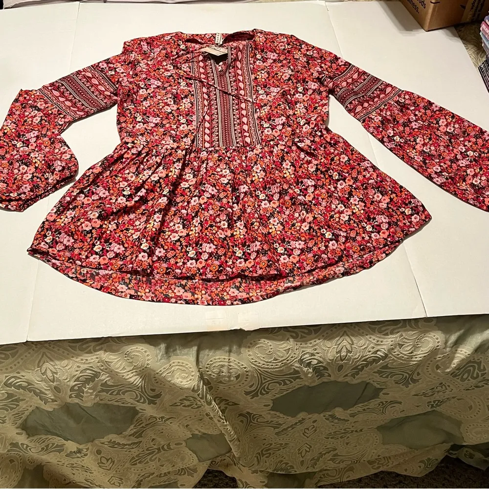 Roper Womens SZ Small Red Multicolored Floral Peasant Blouse Long Sleeve Top NEW - Image 2