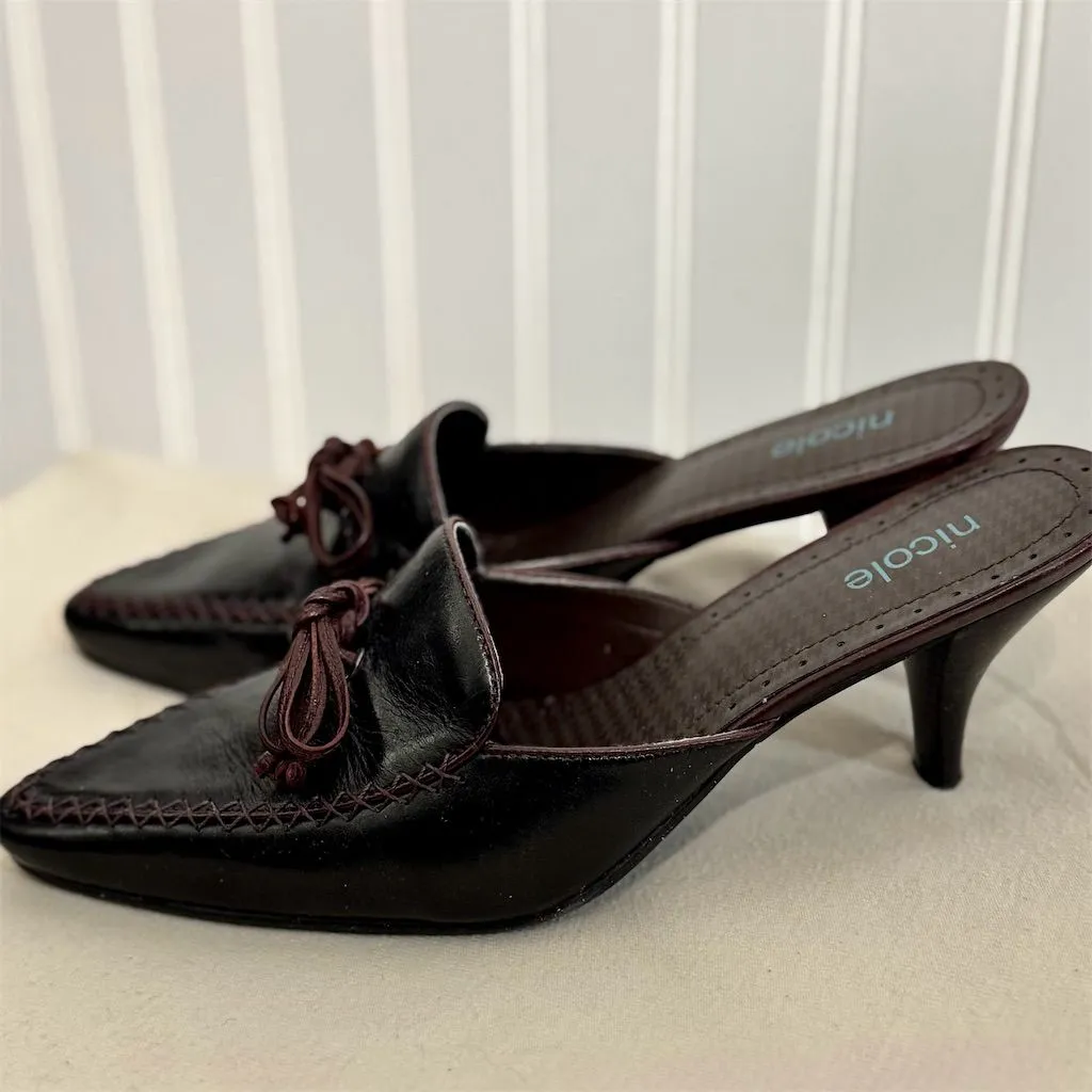 Nicole VTG 90s Brown Leather Mules 6.5 M Kitten Heel Pointed Toe Office Siren - Image 2