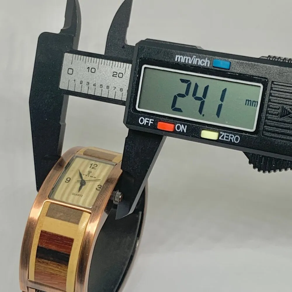 Vintage Ottimo copper tone cuff hinged bracelet with stacked wood trim watch run - Image 8