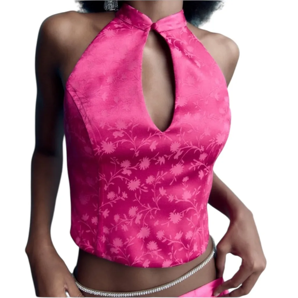 Zara Halter Keyhole Satin Floral Jacquard Top Pink Women’s Size Large NWT - Image 3