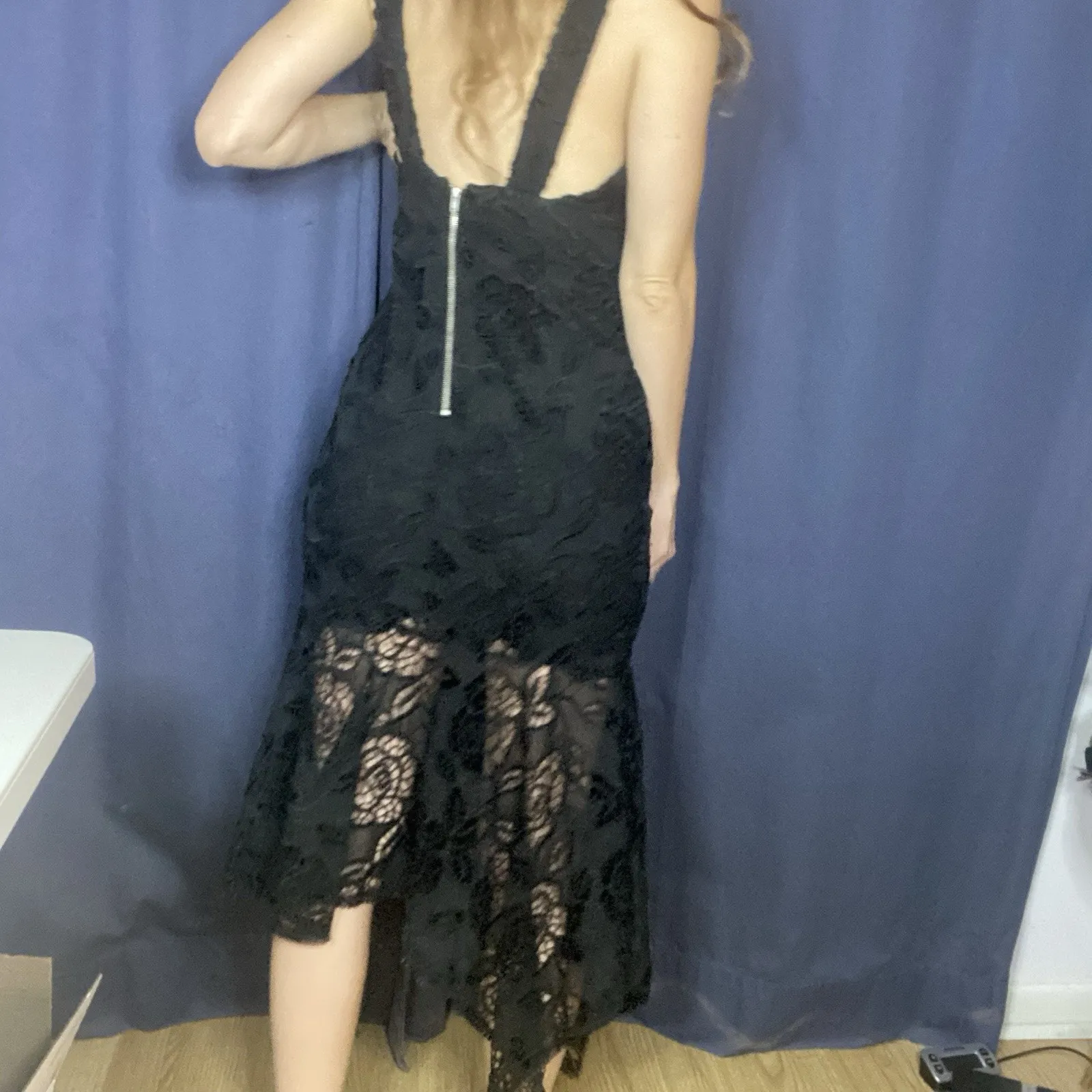 Karina Grimaldi Black Floral Lace Asymmetric Midi Dress Party Birthday Size S - Image 3