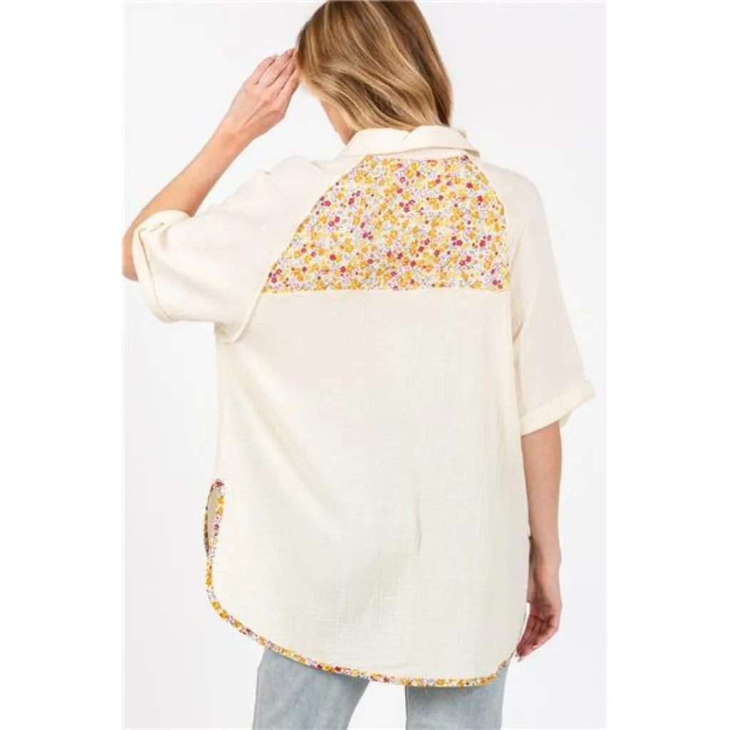 NWT SAGE + FIG‎ Full Size Floral Detail Button Up Short Sleeve Shirt - Image 2