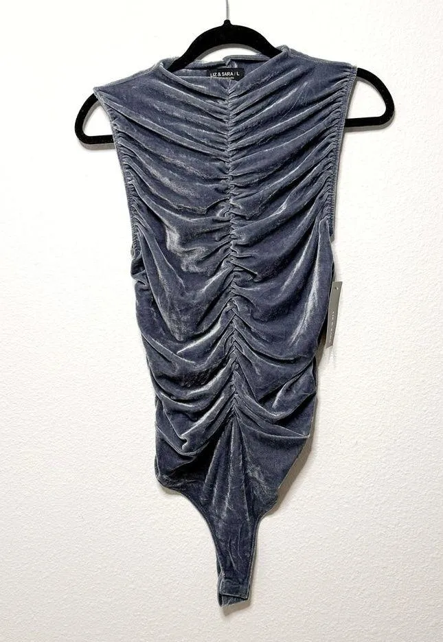 Mauve Liz & Sara Sleeveless Velour velvet ruched gray Bodysuit Size L NWT Size L - Image 8