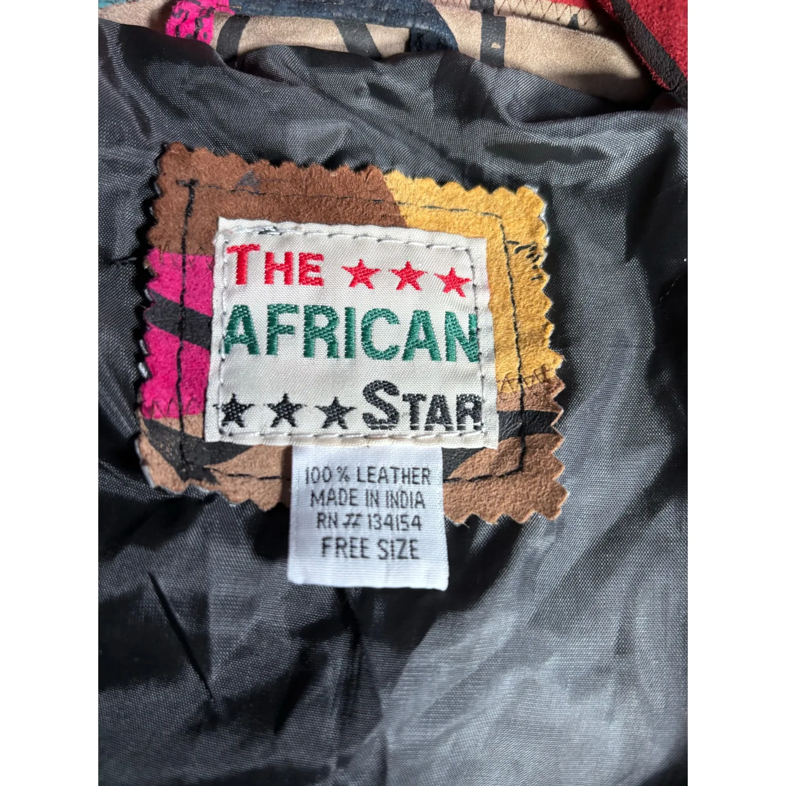 Vintage African Star Suede Leather Coat Map Print Oversized Long Jacket Boho Tan Size L - Image 10