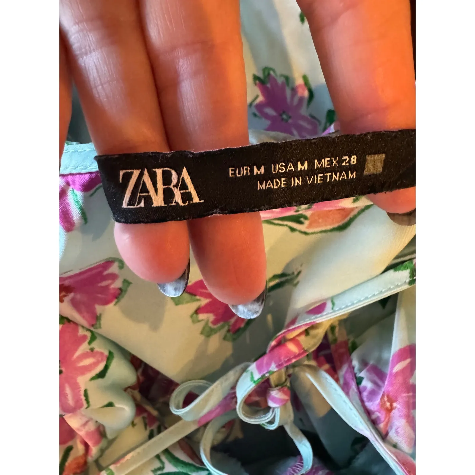 Zara Dress Women Medium Blue Pink Floral‎ Satin Ruffle Trim Midi Slip Dress Boho - Image 10