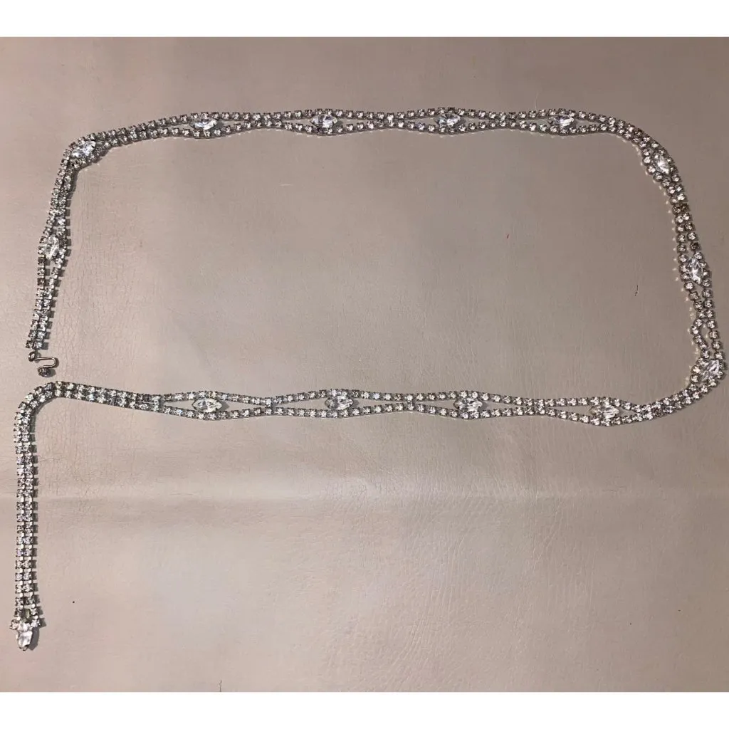 Belt White Rhinestones Double Strand Necklace 1950s Vintage Art Deco Rhinestone Silver - Image 9