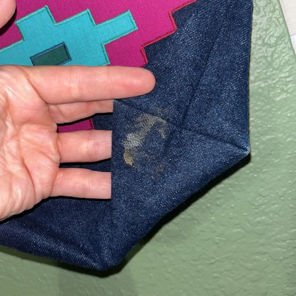 1970s Novelty Denim Geometric Aztec Wood Detail Top Handle Purse - Image 9