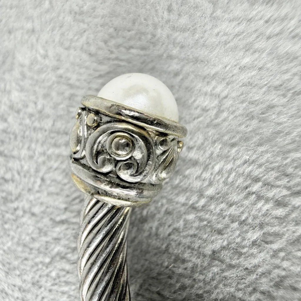 Silver Tone Rope Open Cuff Bracelet White Faux Pearl Endcaps Women's Fashion - Image 12