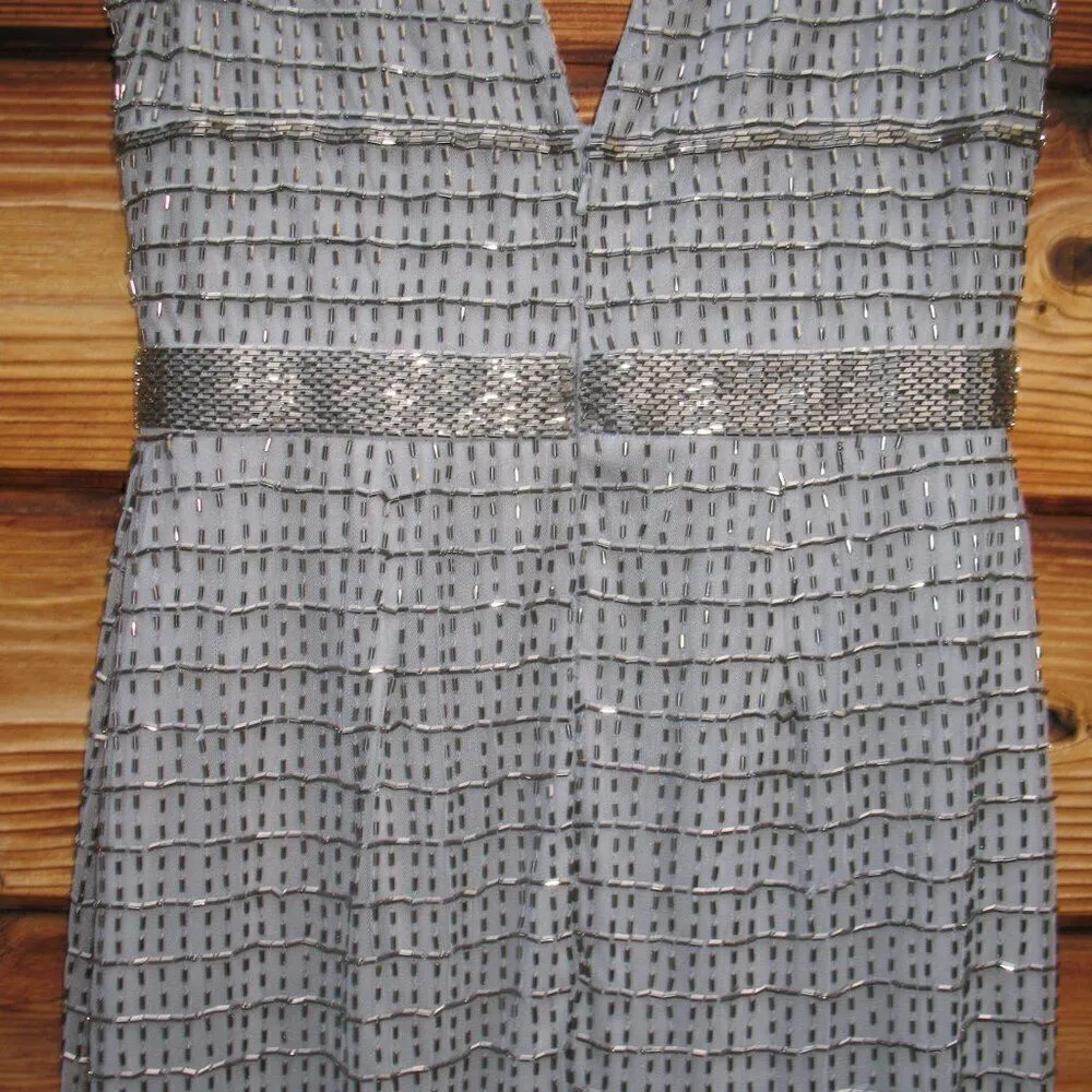 Mac Duggal 5625 Womens Silver Beaded Cap Sleeve V Neck Column Gown Dress - Image 11