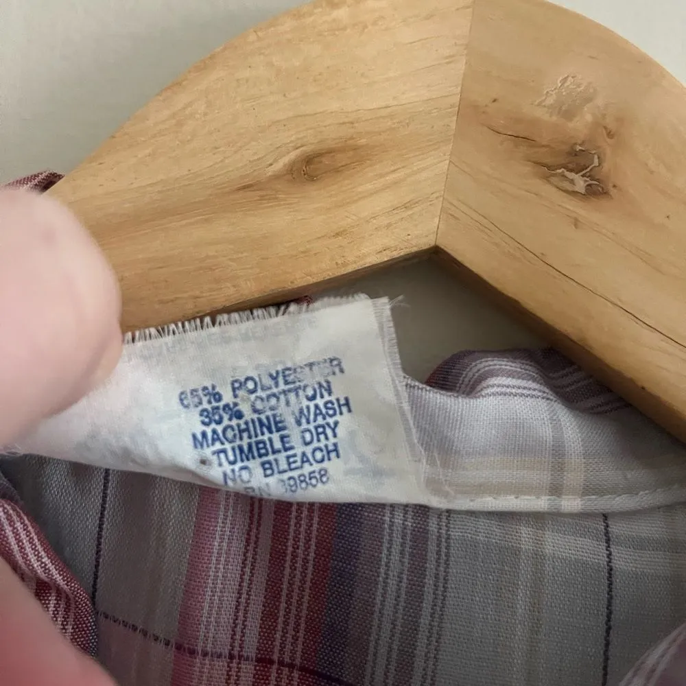 Vintage Shirt Accent Plaid Blouse Pink Gray White Sheer Button Up Top 36 Purple - Image 4