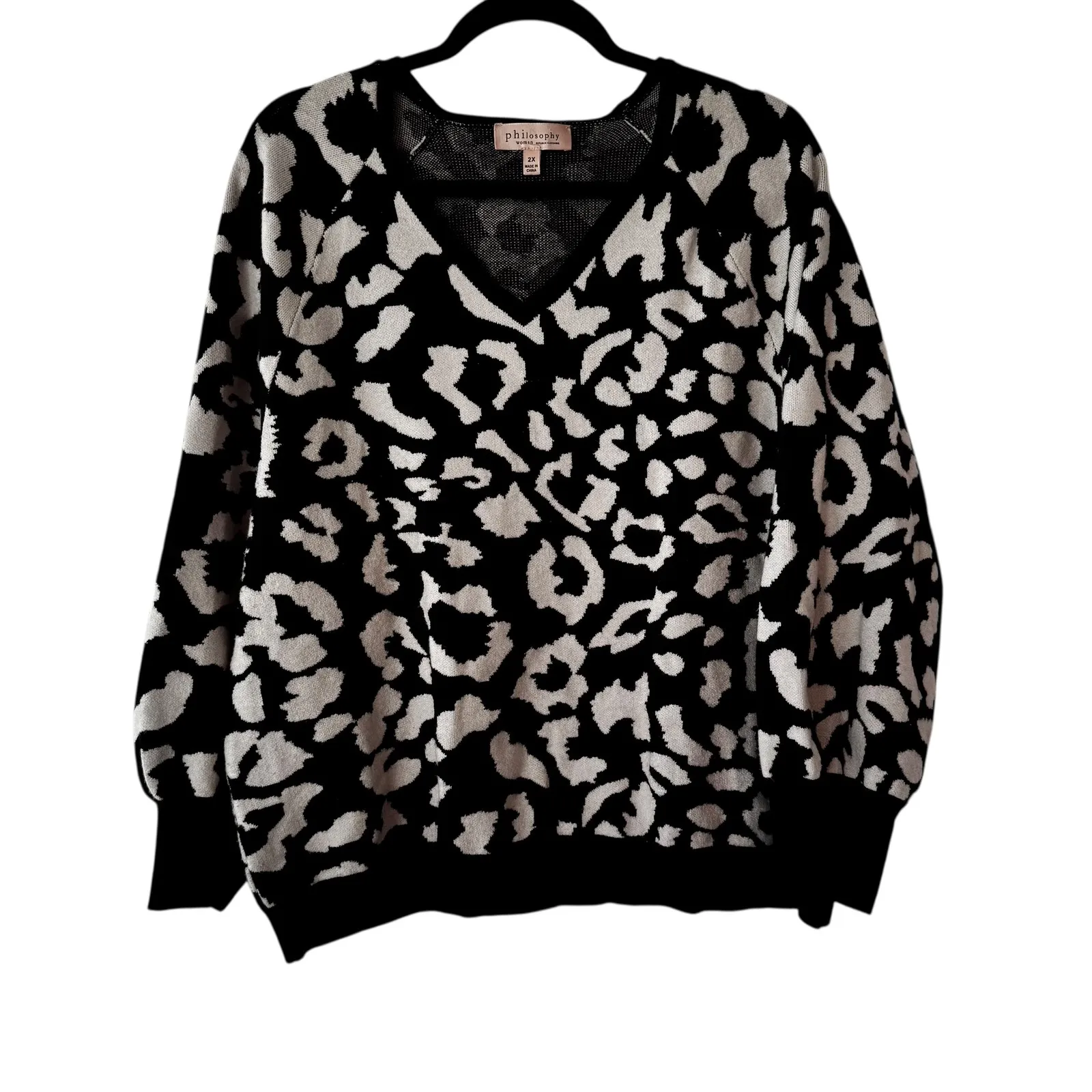 Philosophy Woman Leopard Print V Neck Sweater 2X Black White Viscose Blend - Image 7