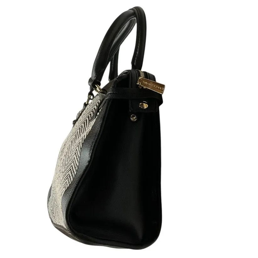 Big Buddha Chevron Pattern Straw Satchel Handbag Black White with Gold Accent - Image 12