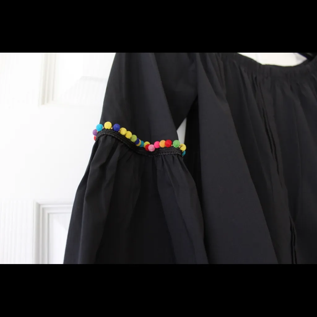 Bobeau black off the shoulder top with colorful pom poms - Image 7