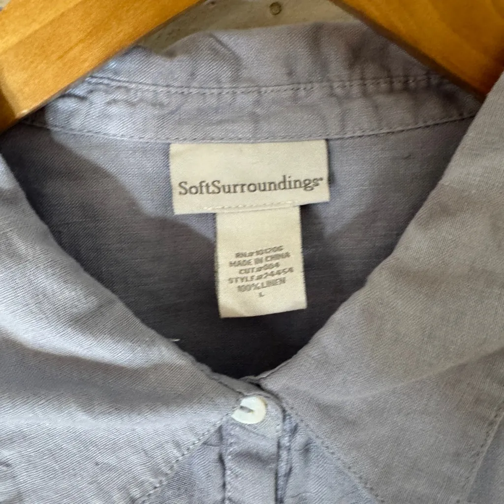 soft surroundings‎ Large Linen Pleated Front Collar Button Down Tunic Top Blue - Image 3