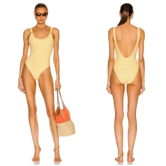 JONATHAN SIMKHAI Rosabel Seersucker One Piece Swimsuit Daffodil Plaid Large NWT Yellow - Image 2