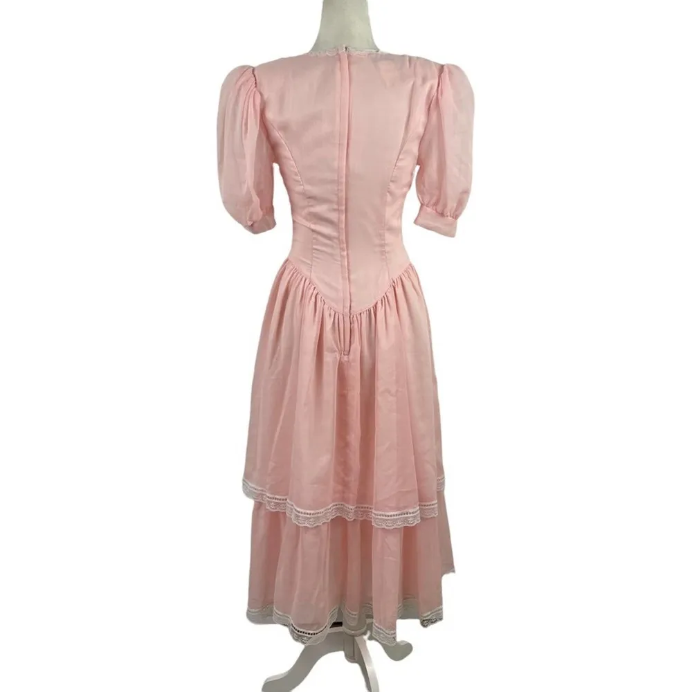 VTG Gunne Sax Midi Victorian Dress 1980s Cottagecore Prairie Lace Trim Pink - Image 3