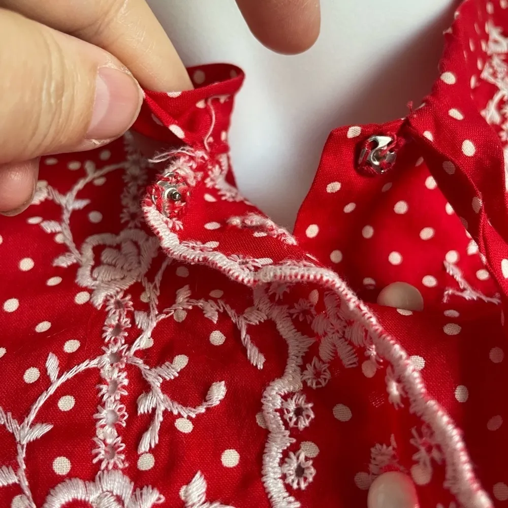 Vintage 1960s Polka Dot Tie Neck Button Down Shirt Small - Image 9