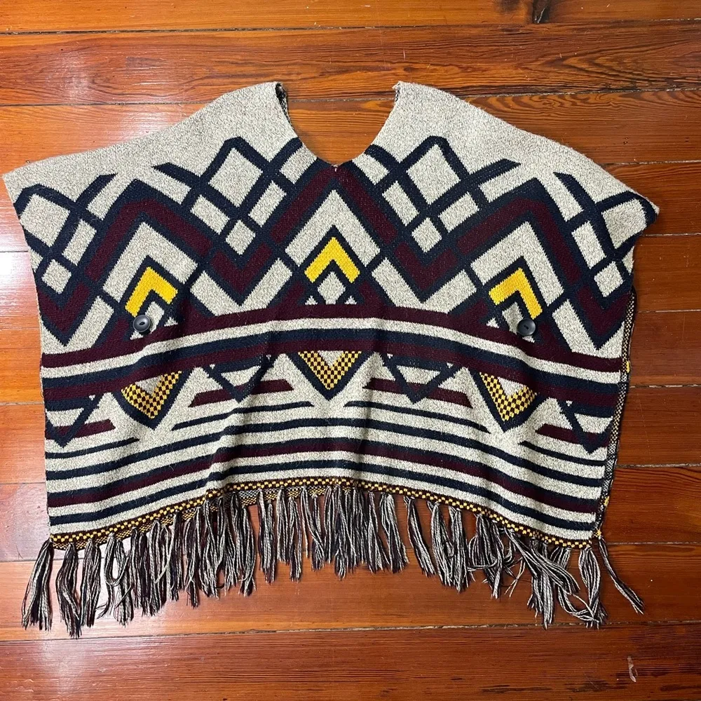Yaira Festival Aztec Blanket Boho Fringe Hippie Pull On Poncho Sweater One Size Blue Size undefined - Image 6