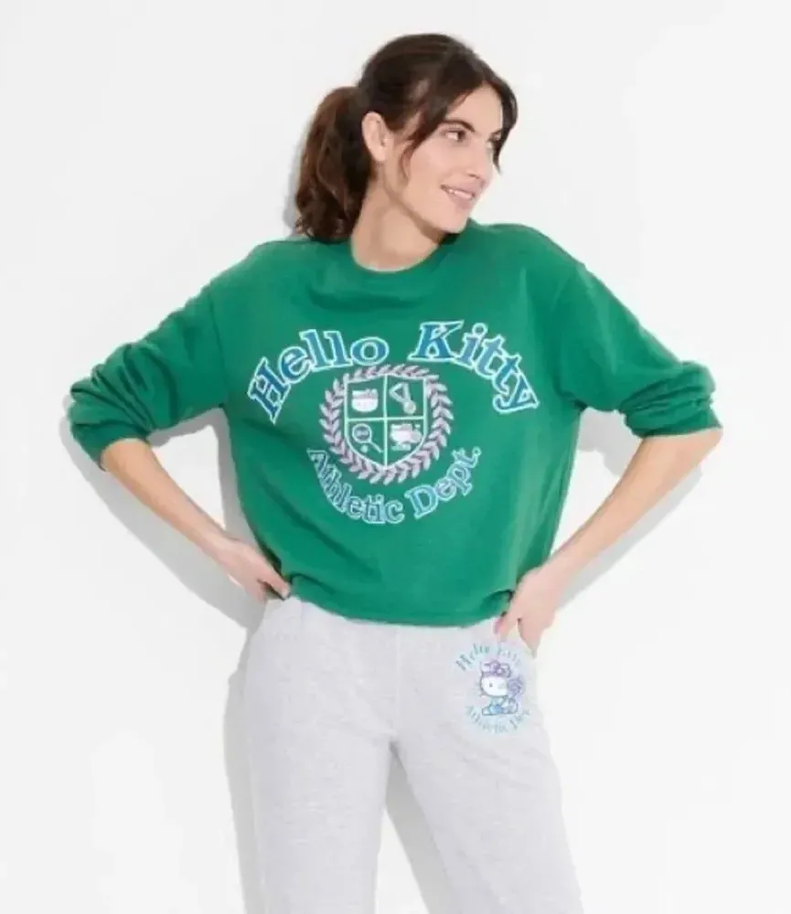 Hello Kitty Athletic Dept. Graphic Sweatshirt - Size L - Green - NWT - Image 1