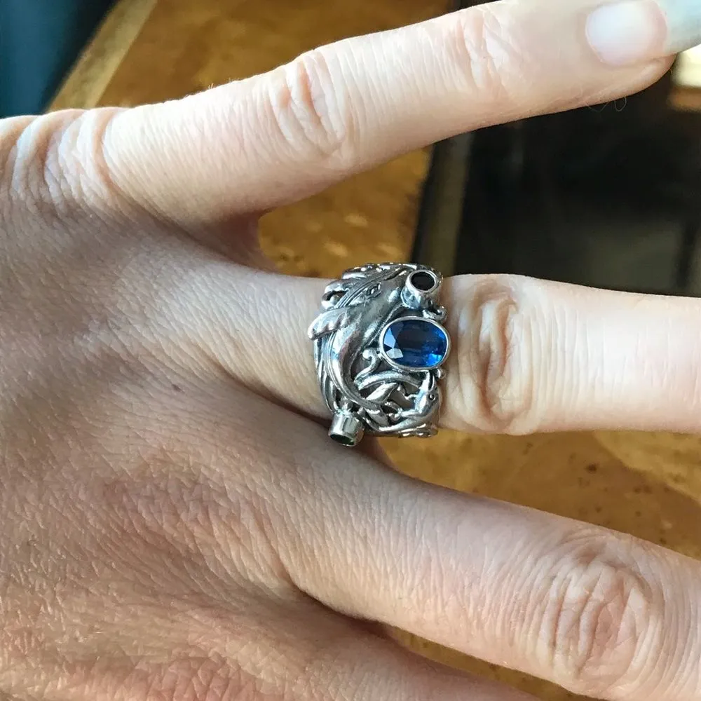 Natural Kyanite Chrome Diopside Garnet Sterling Silver Dolphin Ring Size 6 - Image 2