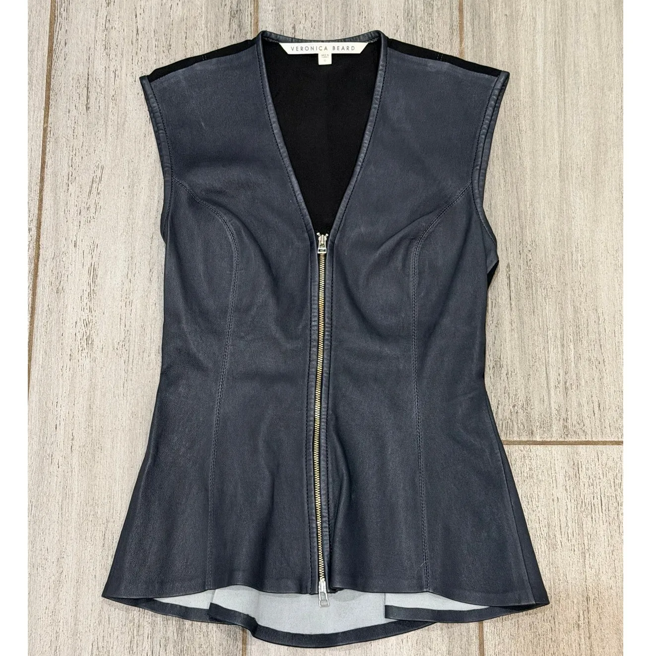 Veronica Beard Midnight Peplum Top 0 Black 100% Lamb Leather Zip Front Designer - Image 4