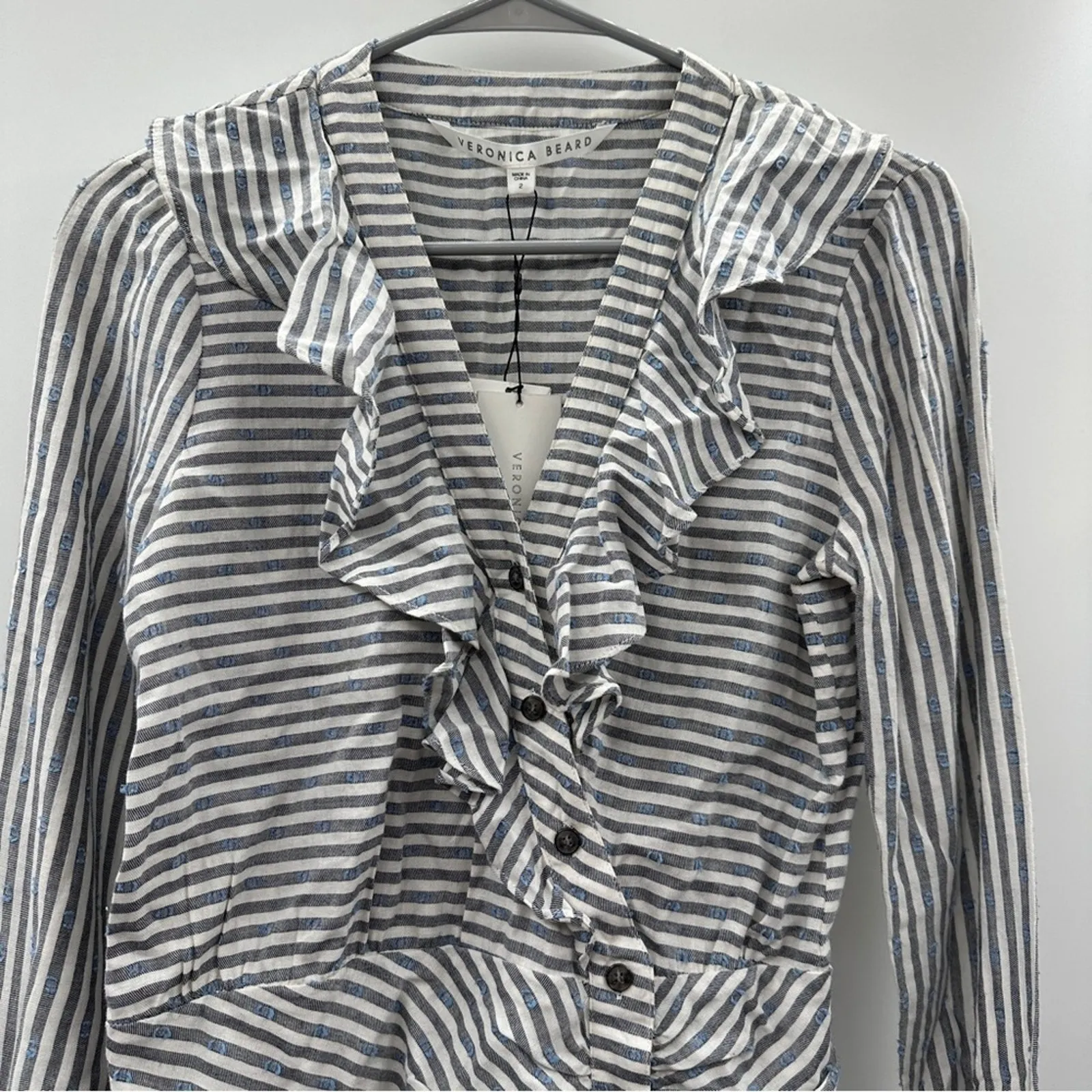 Veronica Beard Kai Blue & White Striped Ruffle Button Front Mini Dress Sz 2 NEW - Image 4